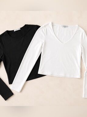Two Women’s Long Sleeve Top in White and Black / Basic Long Sleeved Shirts Sz L